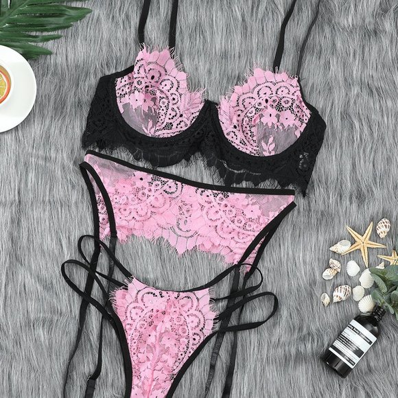 Pink and Black Spaghetti Strap Eyelash Lace Bra Set Garter and Panty L… - Picture 11 of 13